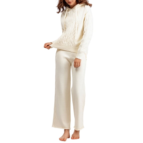 Women's Autumn Winter 2-Piece Knitted Set - Hoodie + Wide Leg Pants, Solid Color, Elastic Waist, One Size