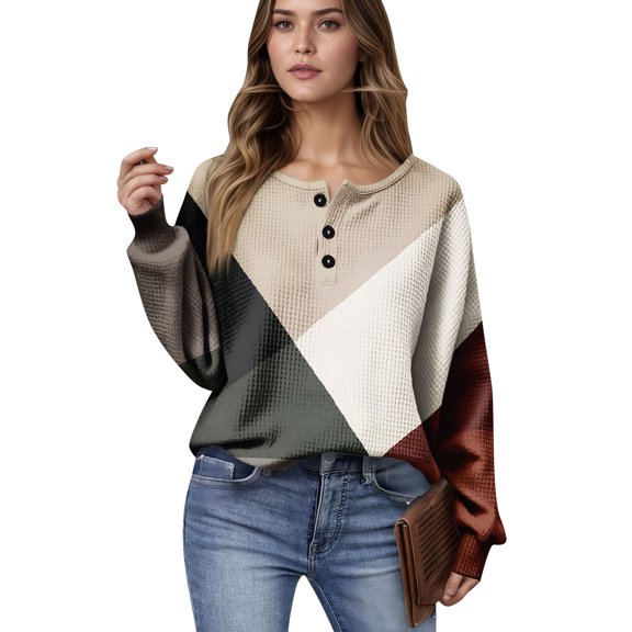 Women's Autumn Winter Artistic Geometric Print Top Waffle Henry Shirt for Creative and Comfortable Long Sleeve Tops for Women,Coffee,S