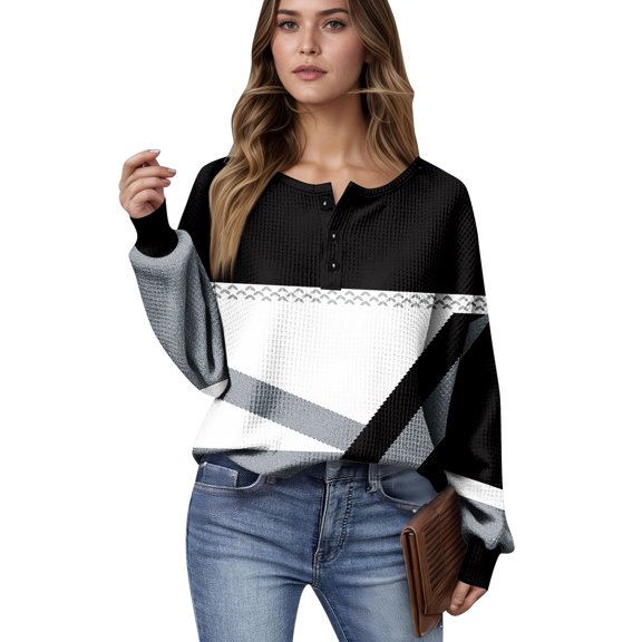 Women's Autumn Winter Artistic Geometric Print Top Waffle Henry Shirt for Creative and Comfortable Long Sleeve Tops for Women,White,S