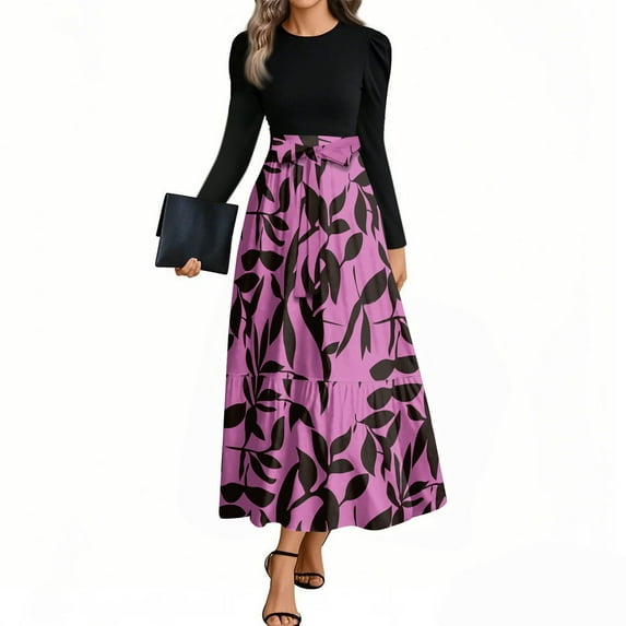 Women's Autumn Winter Belted Waist A-Line Floor-Length Maxi Dress
