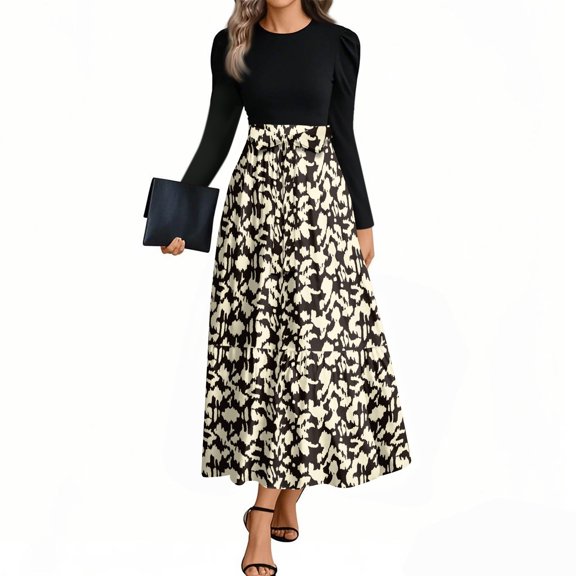 Women's Autumn Winter Belted Waist A-Line Floor-Length Maxi Dress