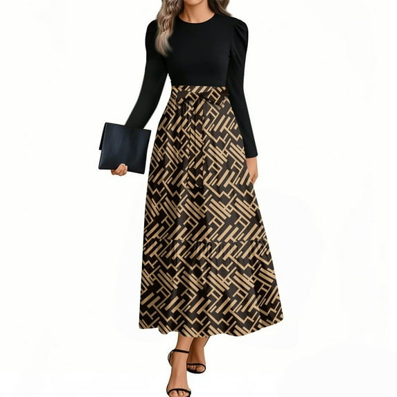 Women's Autumn Winter Belted Waist A-Line Floor-Length Maxi Dress