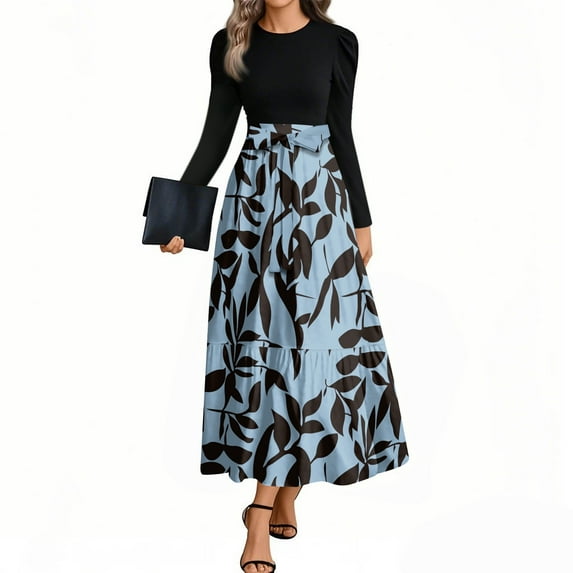 Women's Autumn Winter Belted Waist A-Line Floor-Length Maxi Dress