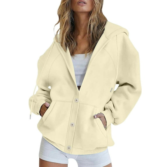 Women's Autumn Winter Button Up Cardigan, Solid Color Drawstring Hooded Pocket Sweatshirt, Soft Comfortable Long Sleeve Pullover for Casual Daily Wear, Entertainment and Seasonal Fashion Light Yellow