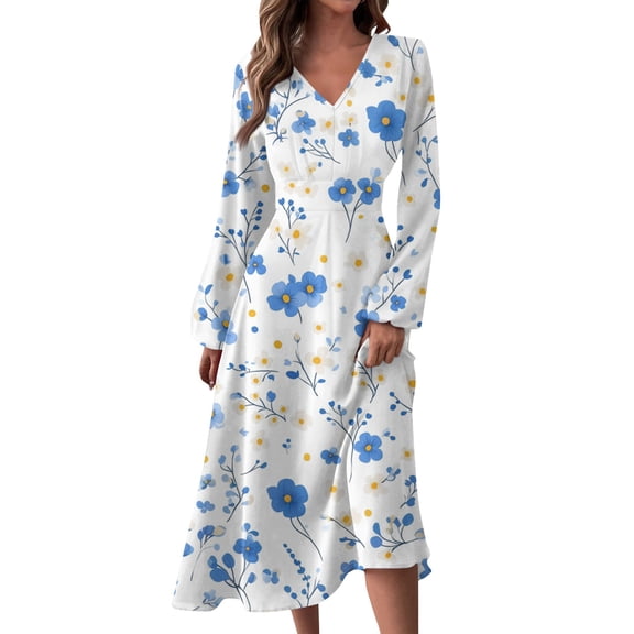 Women's Autumn Winter Casual Fashion V-Neck Long-sleeved Floral Print Long Dress, Blue, Size L