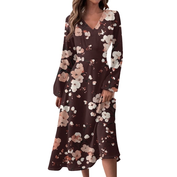 Women's Autumn Winter Casual Fashion V-Neck Long-sleeved Floral Print Long Dress, Brown, Size XL
