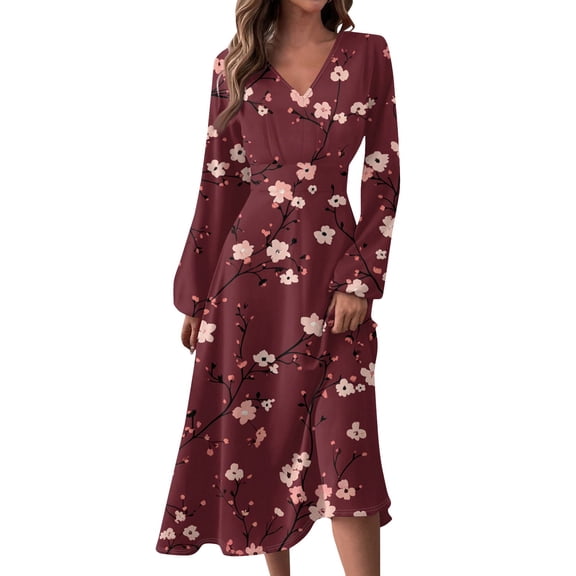 Women's Autumn Winter Casual Fashion V-Neck Long-sleeved Floral Print Long Dress, Burgundy, Size M