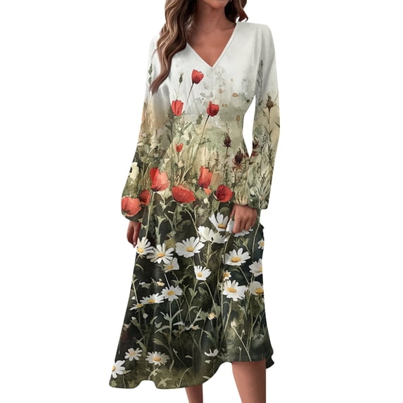 Women's Autumn Winter Casual Fashion V-Neck Long-sleeved Floral Print Long Dress, Dark Green, Size M