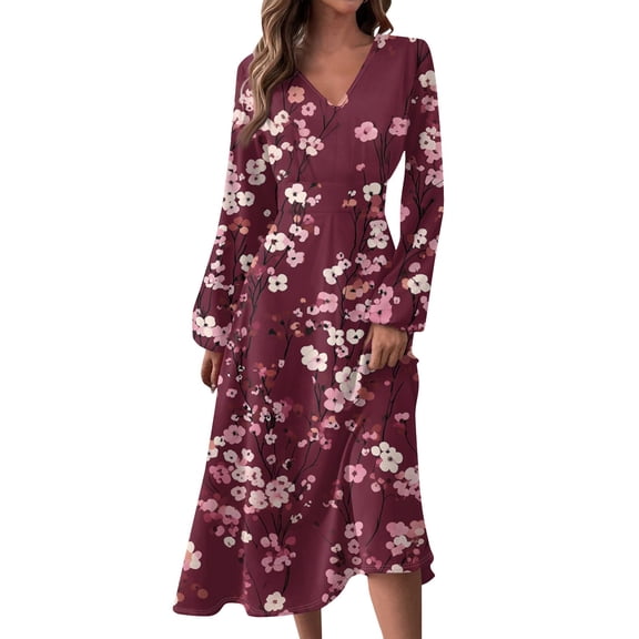 Women's Autumn Winter Casual Fashion V-Neck Long-sleeved Floral Print Long Dress, Dark Red, Size XL
