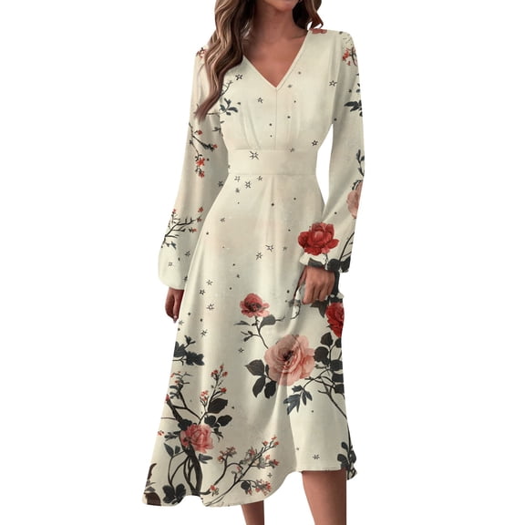 Women's Autumn Winter Casual Fashion V-Neck Long-sleeved Floral Print Long Dress, Earth Yellow, Size S