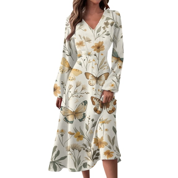 Women's Autumn Winter Casual Fashion V-Neck Long-sleeved Floral Print Long Dress, Earth Yellow, Size XXL