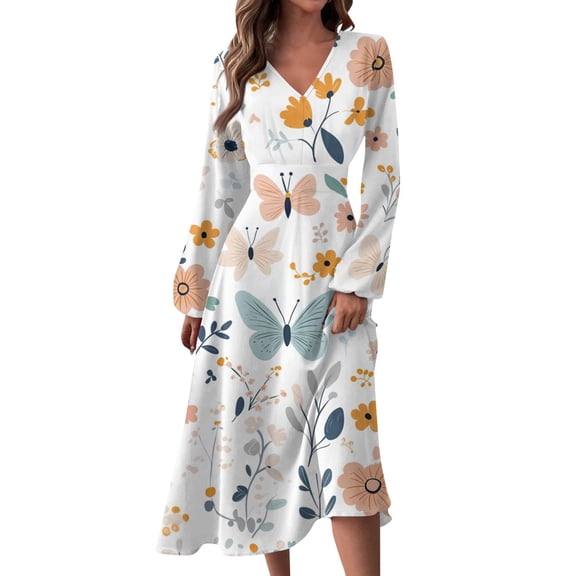 Women's Autumn Winter Casual Fashion V-Neck Long-sleeved Floral Print Long Dress, Light Blue, Size S