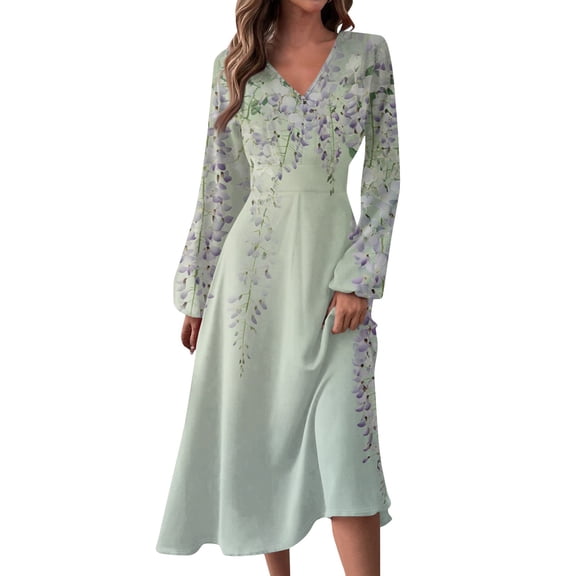 Women's Autumn Winter Casual Fashion V-Neck Long-sleeved Floral Print Long Dress, Light Green, Size S