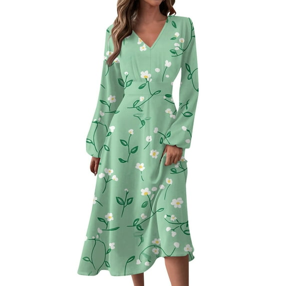 Women's Autumn Winter Casual Fashion V-Neck Long-sleeved Floral Print Long Dress, Mint Green, Size M