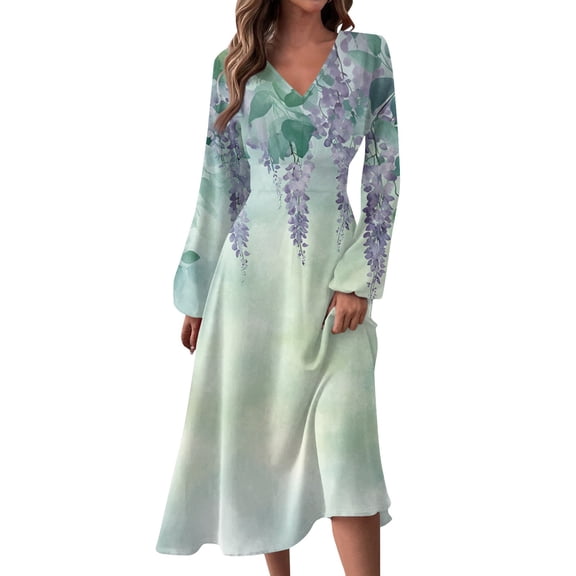 Women's Autumn Winter Casual Fashion V-Neck Long-sleeved Floral Print Long Dress, Mint Green, Size XXL