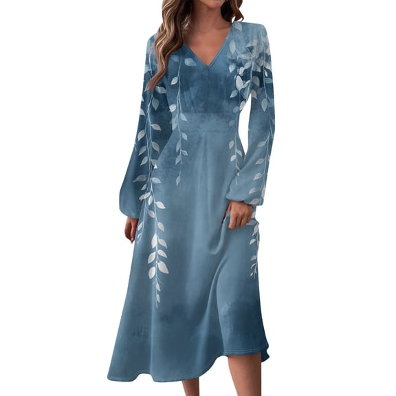 Women's Autumn Winter Casual Fashion V-Neck Long-sleeved Floral Print Long Dress, Royal Blue, Size S
