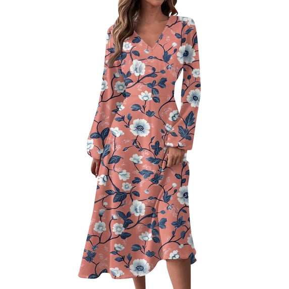 Women's Autumn Winter Casual Fashion V-Neck Long-sleeved Floral Print Long Dress, Watermelon Red, Size L