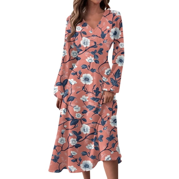 Women's Autumn Winter Casual Fashion V-Neck Long-sleeved Floral Print Long Dress, Watermelon Red, Size XL