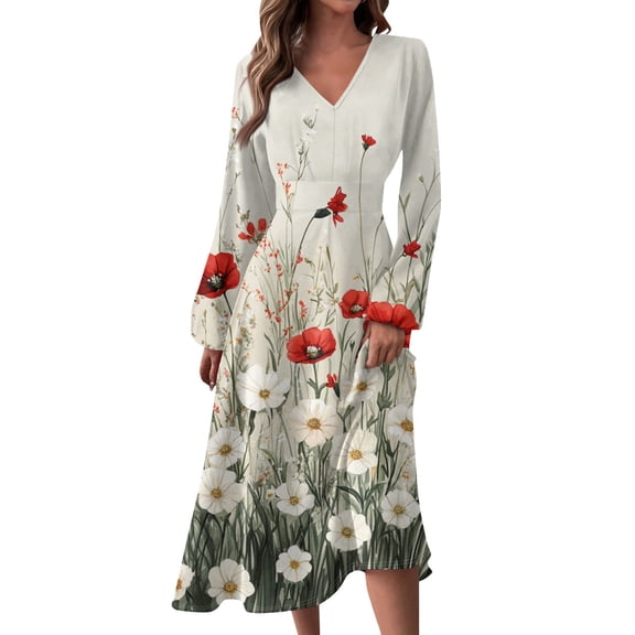 Women's Autumn Winter Casual Fashion V-Neck Long-sleeved Floral Print Long Dress, White, Size M