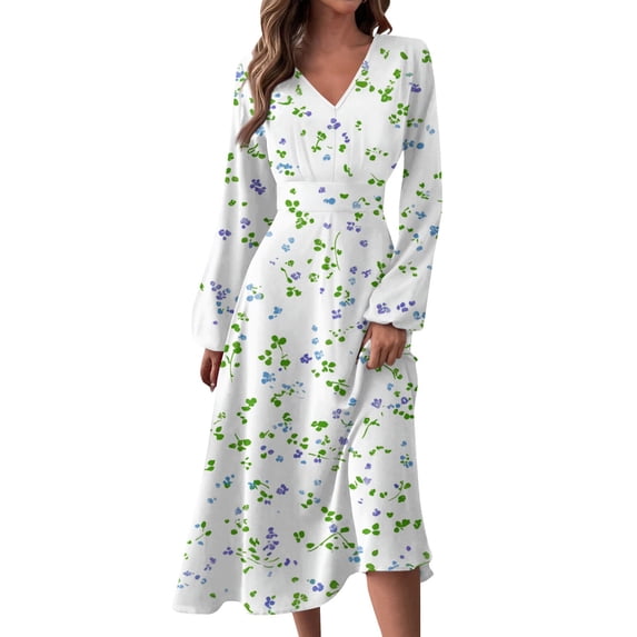 Women's Autumn Winter Casual Fashion V-Neck Long-sleeved Floral Print Long Dress, White, Size XL