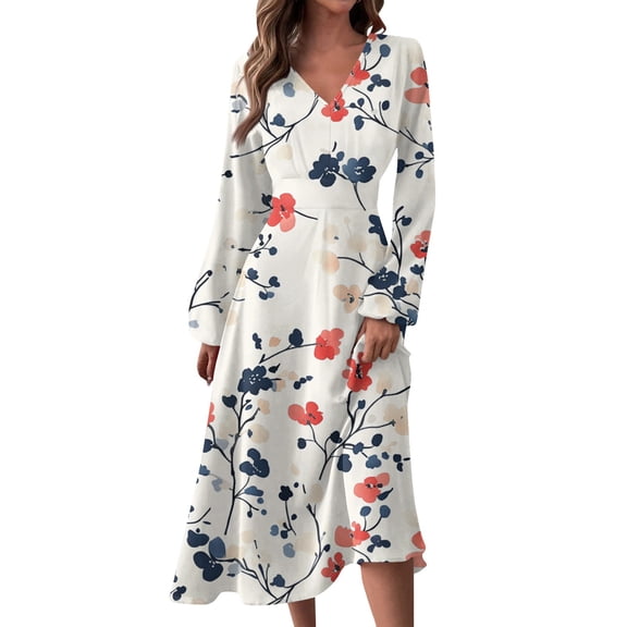 Women's Autumn Winter Casual Fashion V-Neck Long-sleeved Floral Print Long Dress, White, Size XL