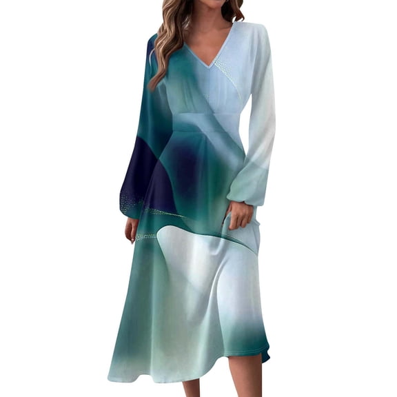 Women's Autumn Winter Casual Fashion V-Neck Long-sleeved Gradient (Floral) Print Long Dress, Blue, Size XL