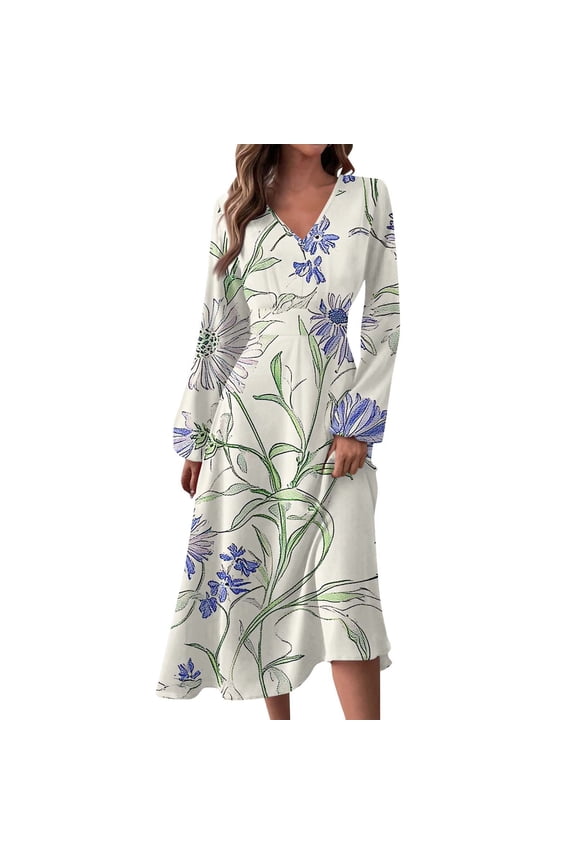 Women's Autumn Winter Casual Fashion V-Neck Long-sleeved Gradient (Floral) Print Long Dress, Blue, Size XXL