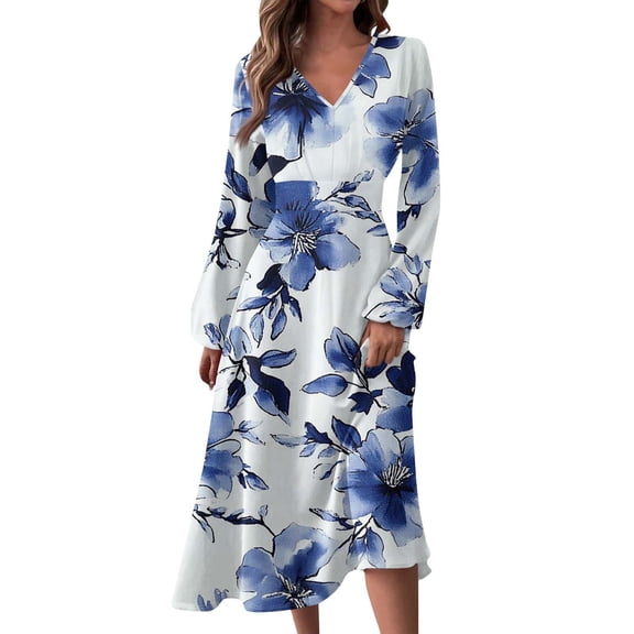 Women's Autumn Winter Casual Fashion V-Neck Long-sleeved Gradient (Floral) Print Long Dress, Dark Blue, Size S