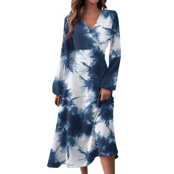 Women's Autumn Winter Casual Fashion V-Neck Long-sleeved Gradient (Floral) Print Long Dress, Dark Blue, Size XL