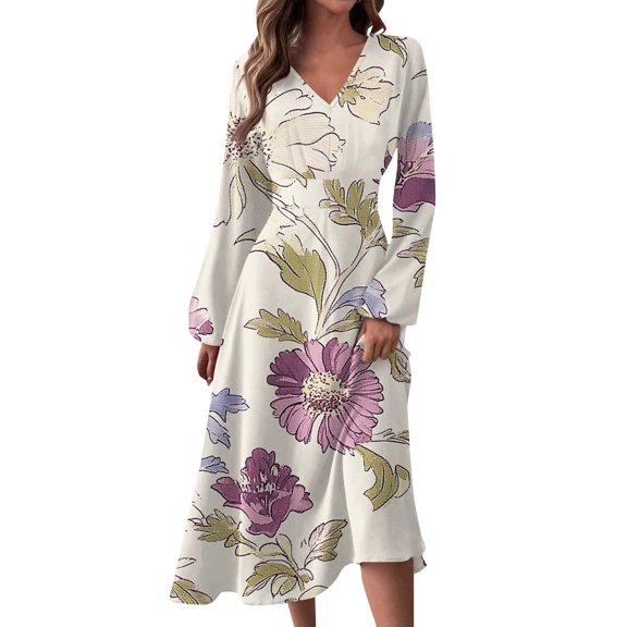 Women's Autumn Winter Casual Fashion V-Neck Long-sleeved Gradient (Floral) Print Long Dress, Fuchsia Pink, Size L