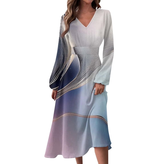 Women's Autumn Winter Casual Fashion V-Neck Long-sleeved Gradient (Floral) Print Long Dress, Fuchsia Pink, Size XL