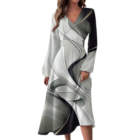 Women's Autumn Winter Casual Fashion V-Neck Long-sleeved Gradient (Floral) Print Long Dress, Gray, Size XL