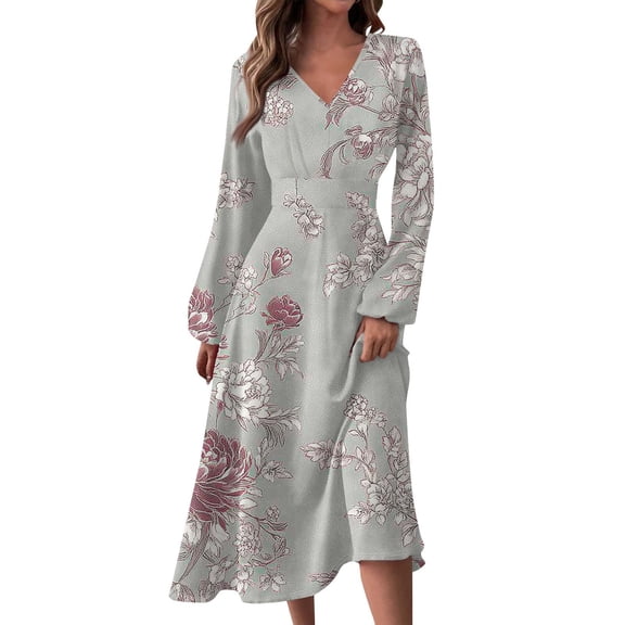 Women's Autumn Winter Casual Fashion V-Neck Long-sleeved Gradient (Floral) Print Long Dress, Gray, Size XL