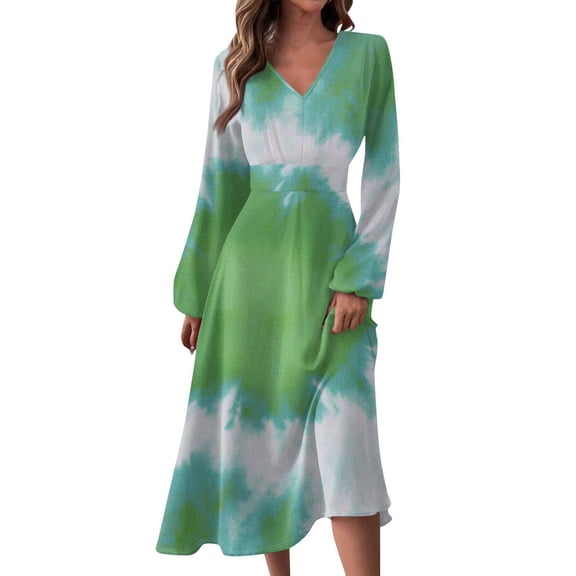 Women's Autumn Winter Casual Fashion V-Neck Long-sleeved Gradient (Floral) Print Long Dress, Green, Size XL