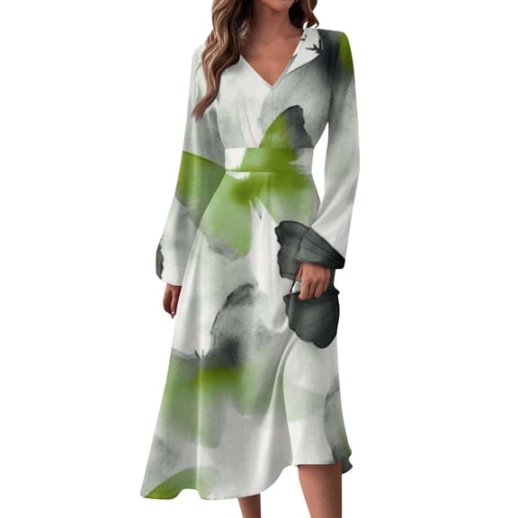 Women's Autumn Winter Casual Fashion V-Neck Long-sleeved Gradient (Floral) Print Long Dress, Light Green, Size XL