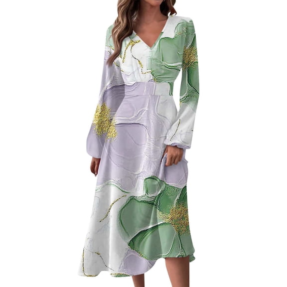 Women's Autumn Winter Casual Fashion V-Neck Long-sleeved Gradient (Floral) Print Long Dress, Light Purple, Size XL
