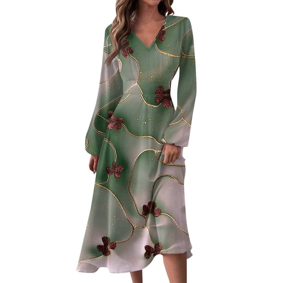 Women's Autumn Winter Casual Fashion V-Neck Long-sleeved Gradient (Floral) Print Long Dress, Mint Green, Size XL
