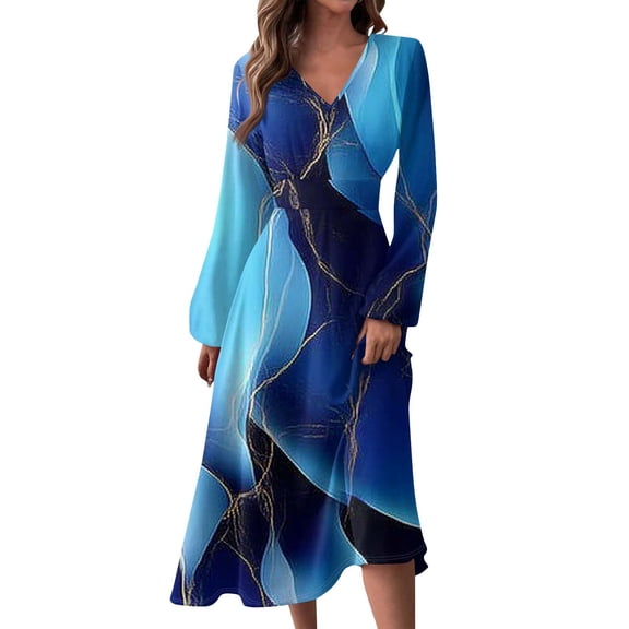 Women's Autumn Winter Casual Fashion V-Neck Long-sleeved Gradient (Floral) Print Long Dress, Royal Blue, Size XL