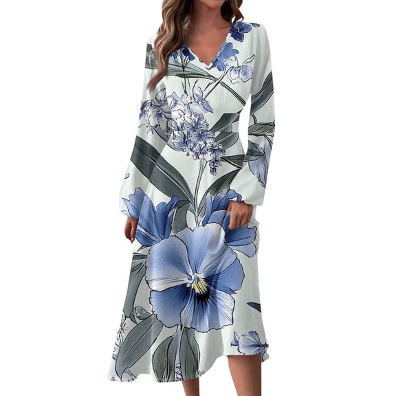 Women's Autumn Winter Casual Fashion V-Neck Long-sleeved Gradient (Floral) Print Long Dress, Sky Blue, Size XL