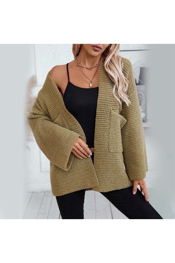 Women's Autumn And Winter Casual Loose Long Sleeved Pocket Solid Color Knitted Sweater Cardigan Jacket plus Size Lapel Open Cardigan Sweater Duster Womens Open Front Sweater Duster for Women Pregnancy