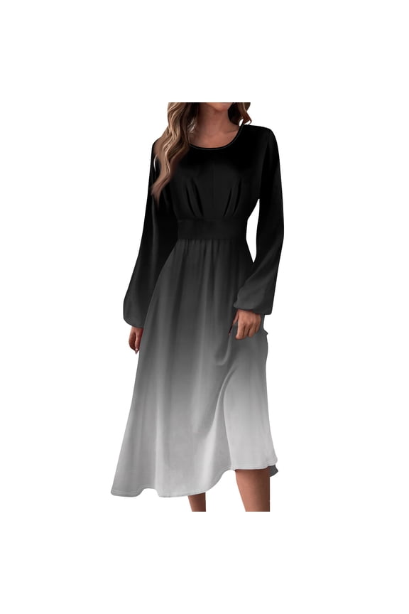 Women's Autumn Winter Casual Round Neck Long Sleeve Gradient Print Long Dress, Black, Size L