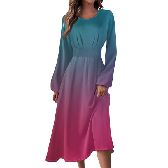 Women's Autumn Winter Casual Round Neck Long Sleeve Gradient Print Long Dress, Fuchsia, Size XL
