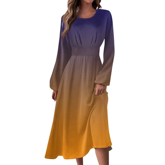 Women's Autumn Winter Casual Round Neck Long Sleeve Gradient Print Long Dress, Orange, Size L