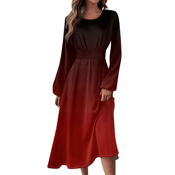 Women's Autumn Winter Casual Round Neck Long Sleeve Gradient Print Long Dress, Red, Size XXL