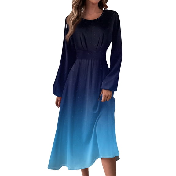 Women's Autumn Winter Casual Round Neck Long Sleeve Gradient Print Long Dress, Royal Blue, Size XXL