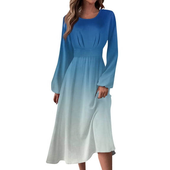 Women's Autumn Winter Casual Round Neck Long Sleeve Gradient Print Long Dress, Sky Blue, Size XXL
