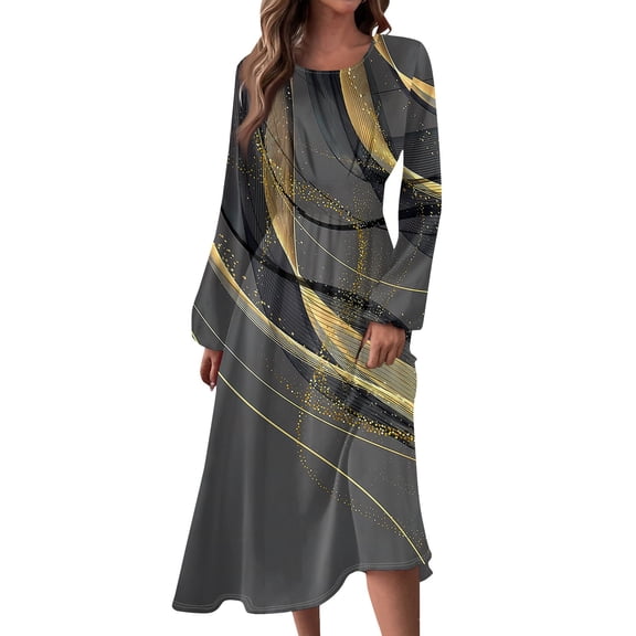 Women's Autumn Winter Casual Round Neck Long Sleeve Line Print Long Dress, Gold, Size L