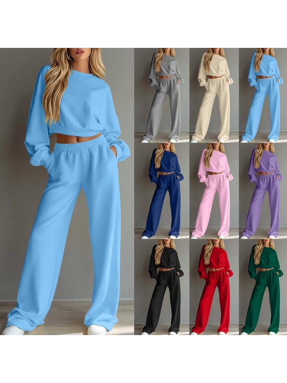 Women's Autumn And Winter Casual Solid Color Round Neck Long Sleeved Top Sweatshirt Paired With Sporty Wide Leg Sweatpants With Pockets Two-Piece Set Khaki L