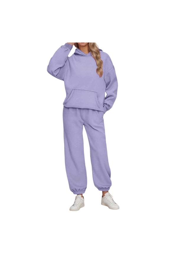 Women's Autumn Winter Casual Two Piece Hooded Sportswear Tracksuit Set with Long Pants for Everyday Wear Purple,2X-Large