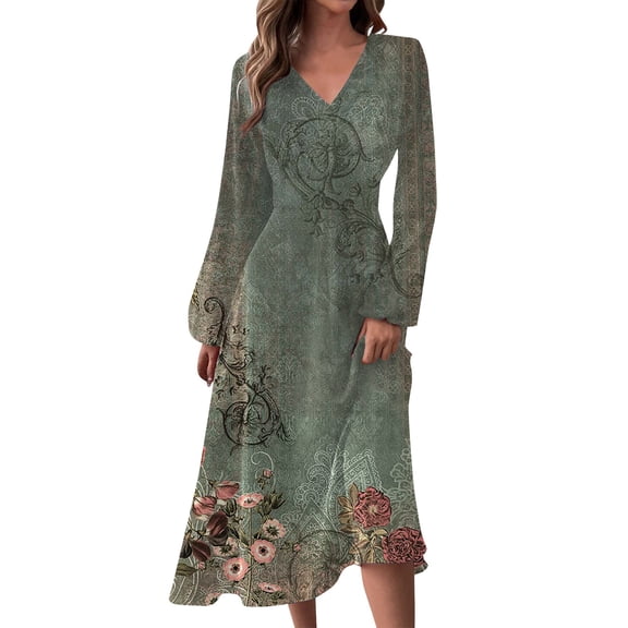 Women's Autumn Winter Casual V-Neck Long Sleeve Floral Print Long Dress, Mint Green, Size L